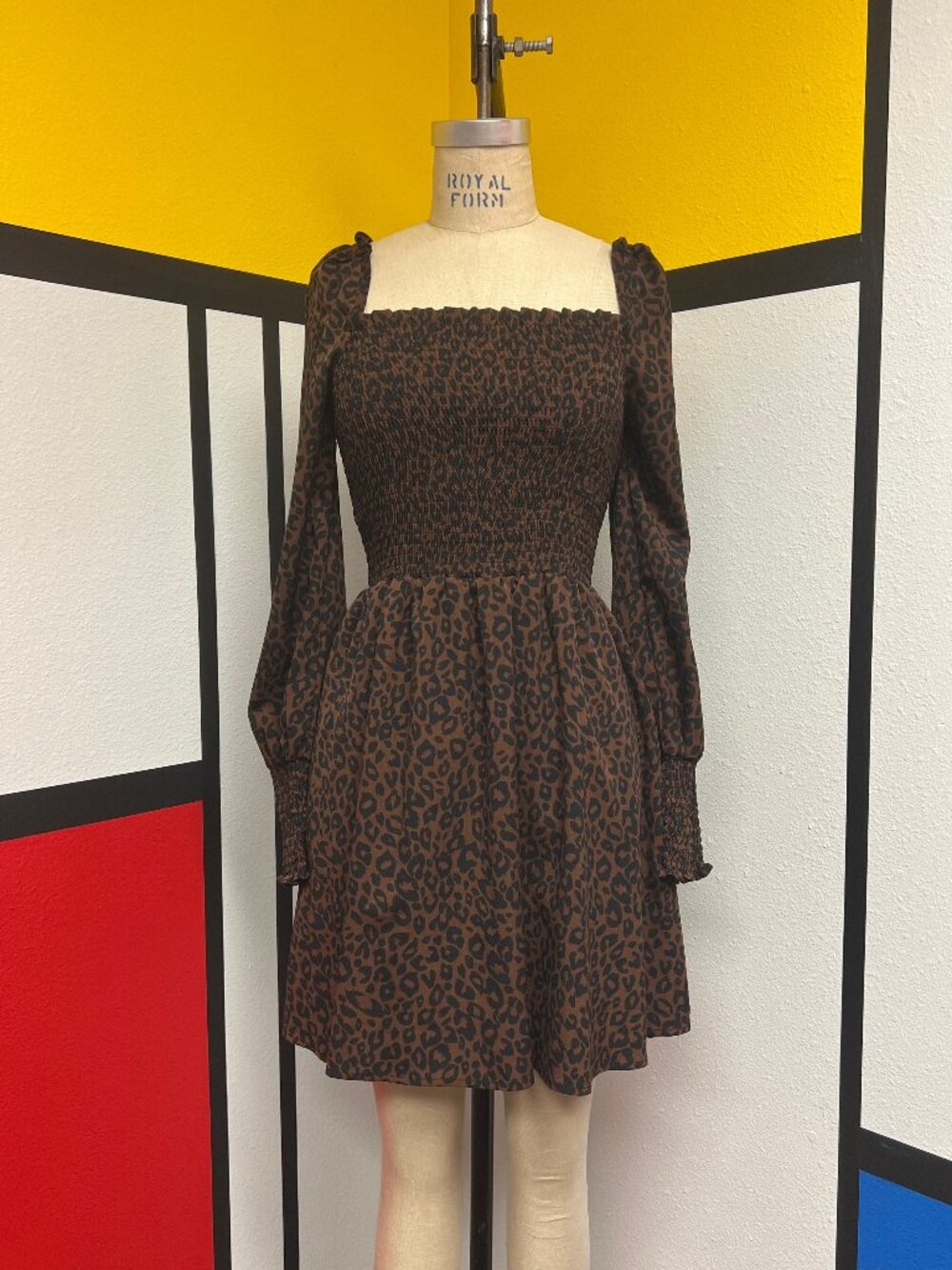 Women's Leopard Print Smocked Square Neck Long Sleeve Mini Dress Small